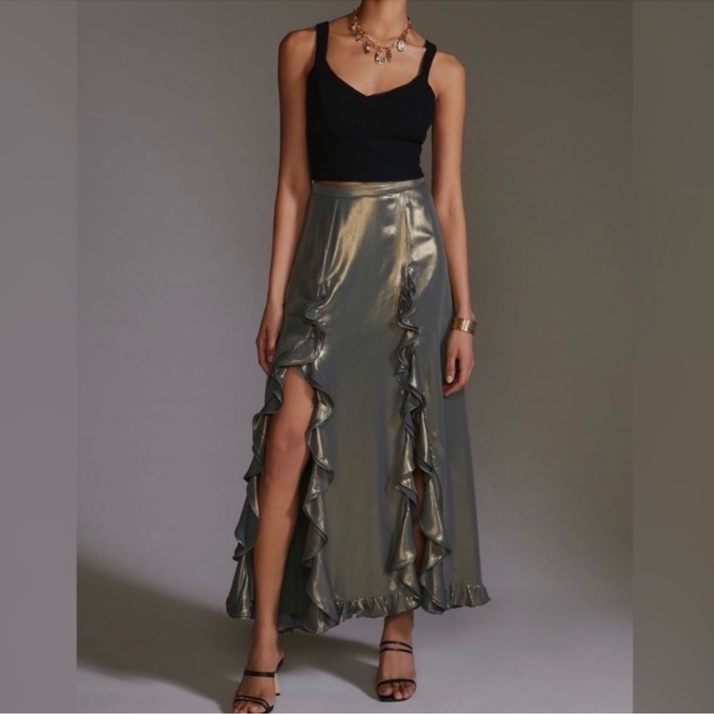 NWT Anthropologie Ruffle Slit Maxi Skirt Metallic Bronze